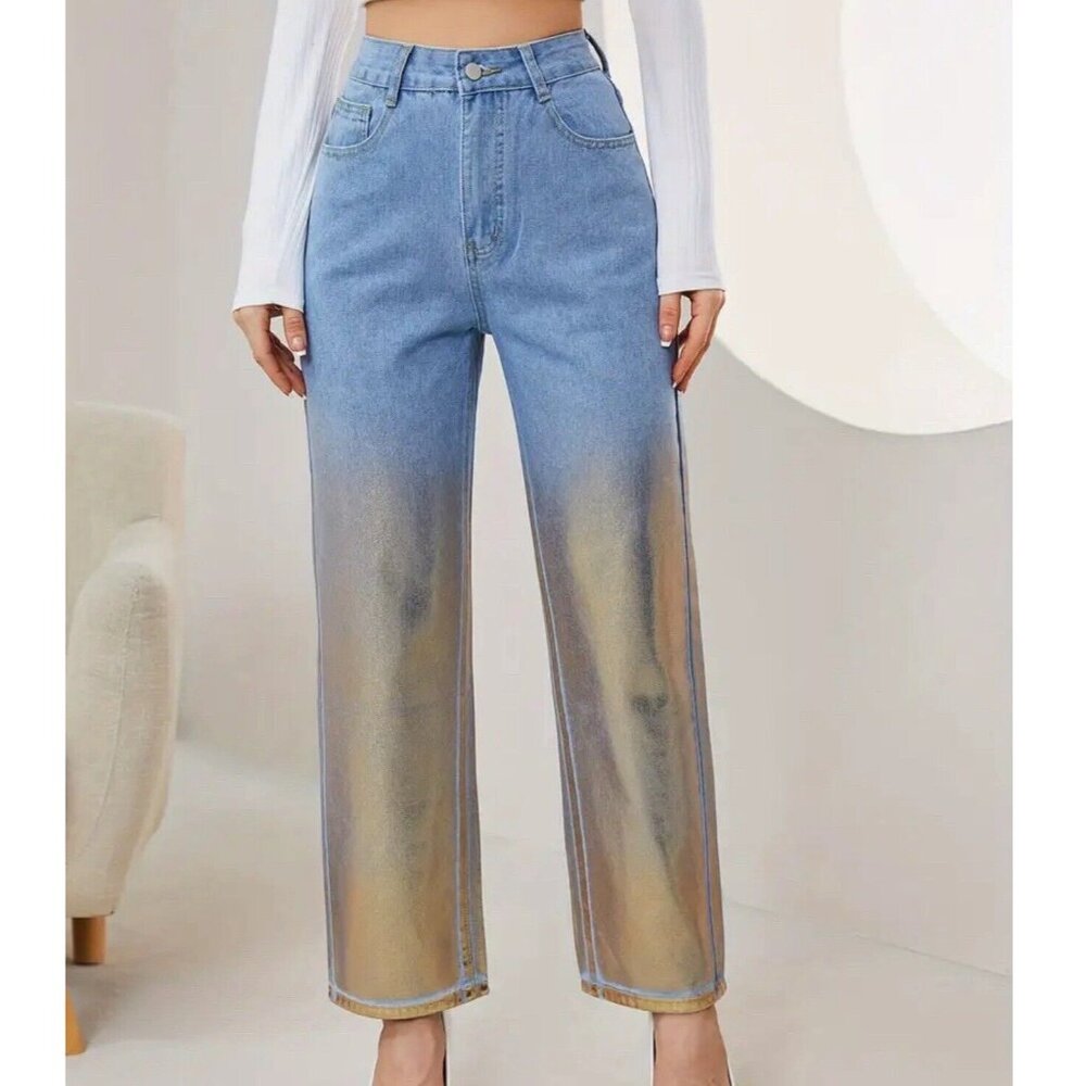 Women Jeans Foil Gold Hot Stamping Large Blue High Rise Straight Leg Relax Fit